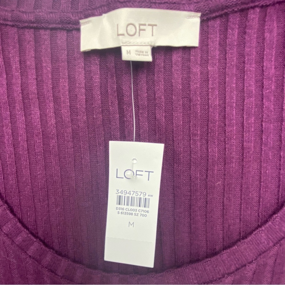 NWT LOFT burgundy wine ribbed short sleeve fall dress wms sz medium - Picture 3 of 13